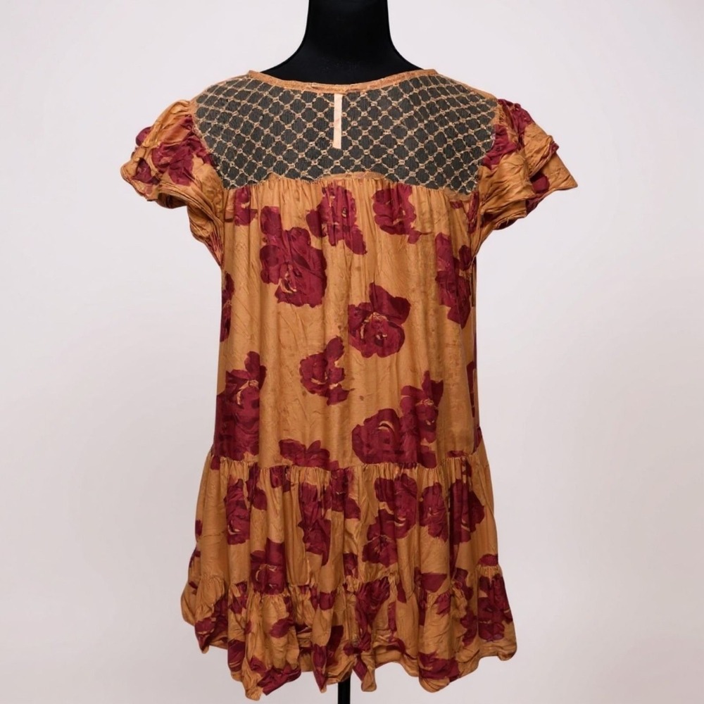 Free People Tilly Printed Tunic Dress Medium Summer Coral & Burgundy Boho - Picture 7 of 9